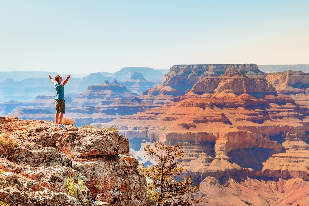 man with upraised arms standing above a canyon
