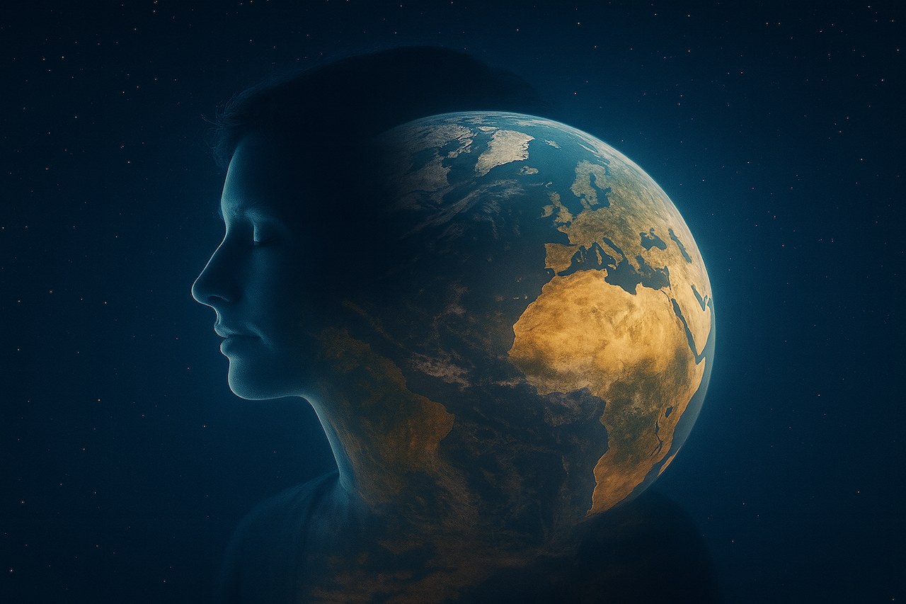 a face in profile merging with the planet Earth