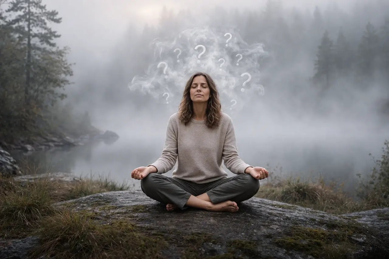 woman seated in meditation posture with question marks floating around her head