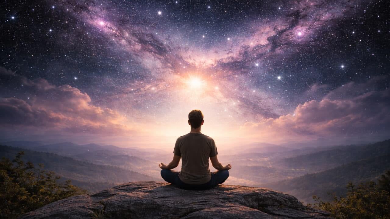 seated in meditation posture against sky of the cosmos