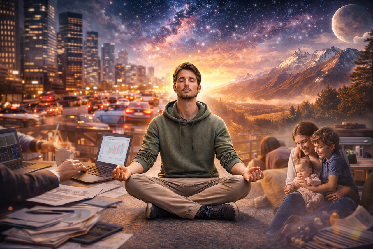 man sitting crosslegged amongst a chaotic scene