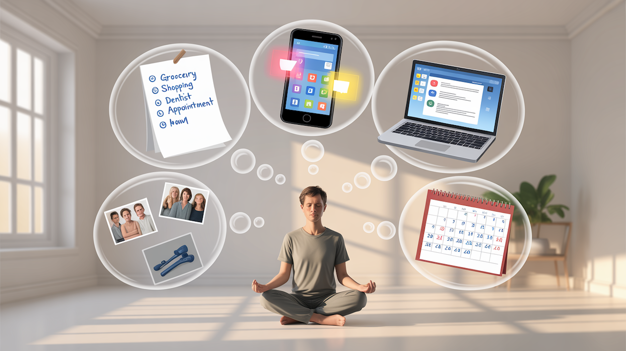 seated man surrounded by distracting objects