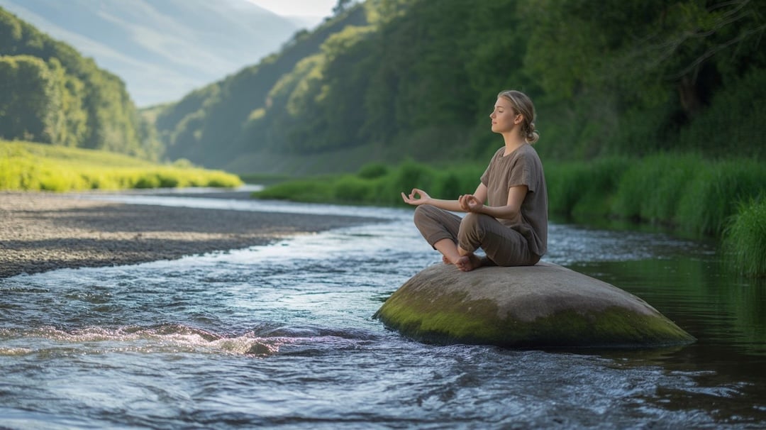 woman meditating on a rock beside a stream